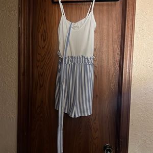 blue and whit romper with cute belt